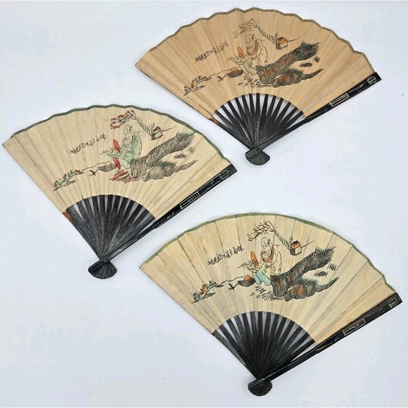 Accessories - 3 Lot Matching VTG Chinese Folding‎ Hand Fans Handmade Painted Rice/Bamboo Paper
